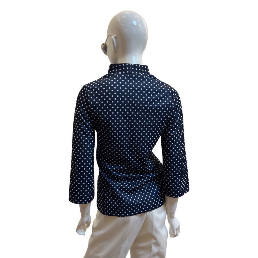 Vintage Handmade 1970s Navy Polka Dot Slit Neck 2 Pocket Popover Blouse - Picture 3 of 5